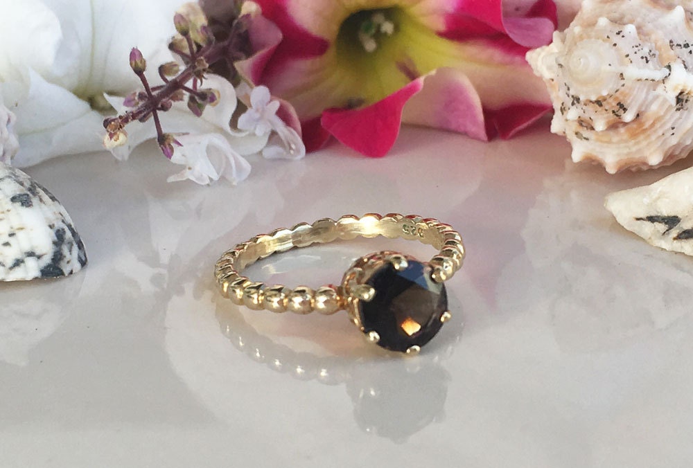 Round Smoky Quartz Vintage Beaded Band Ring - H.L.Jewelry