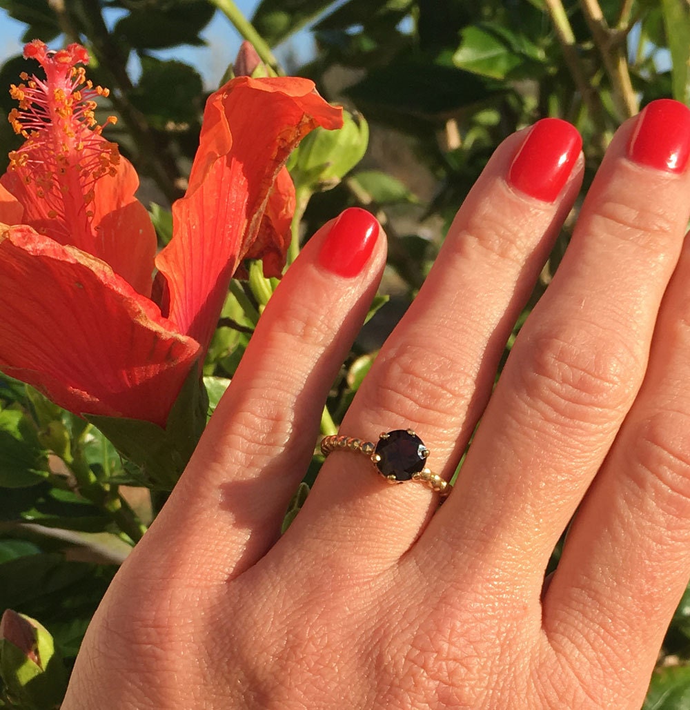 Round Smoky Quartz Vintage Beaded Band Ring - H.L.Jewelry