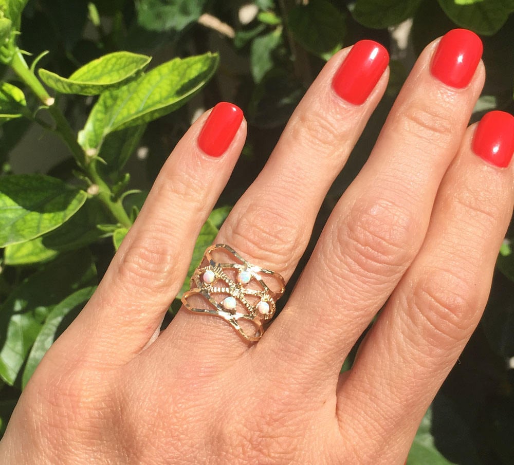 Round White Opal Four Stone Hammered Band Ring - H.L.Jewelry