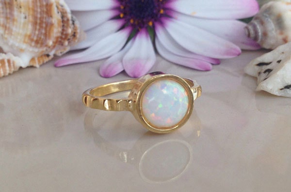 Round White Opal Simple Hammered Band Ring - H.L.Jewelry