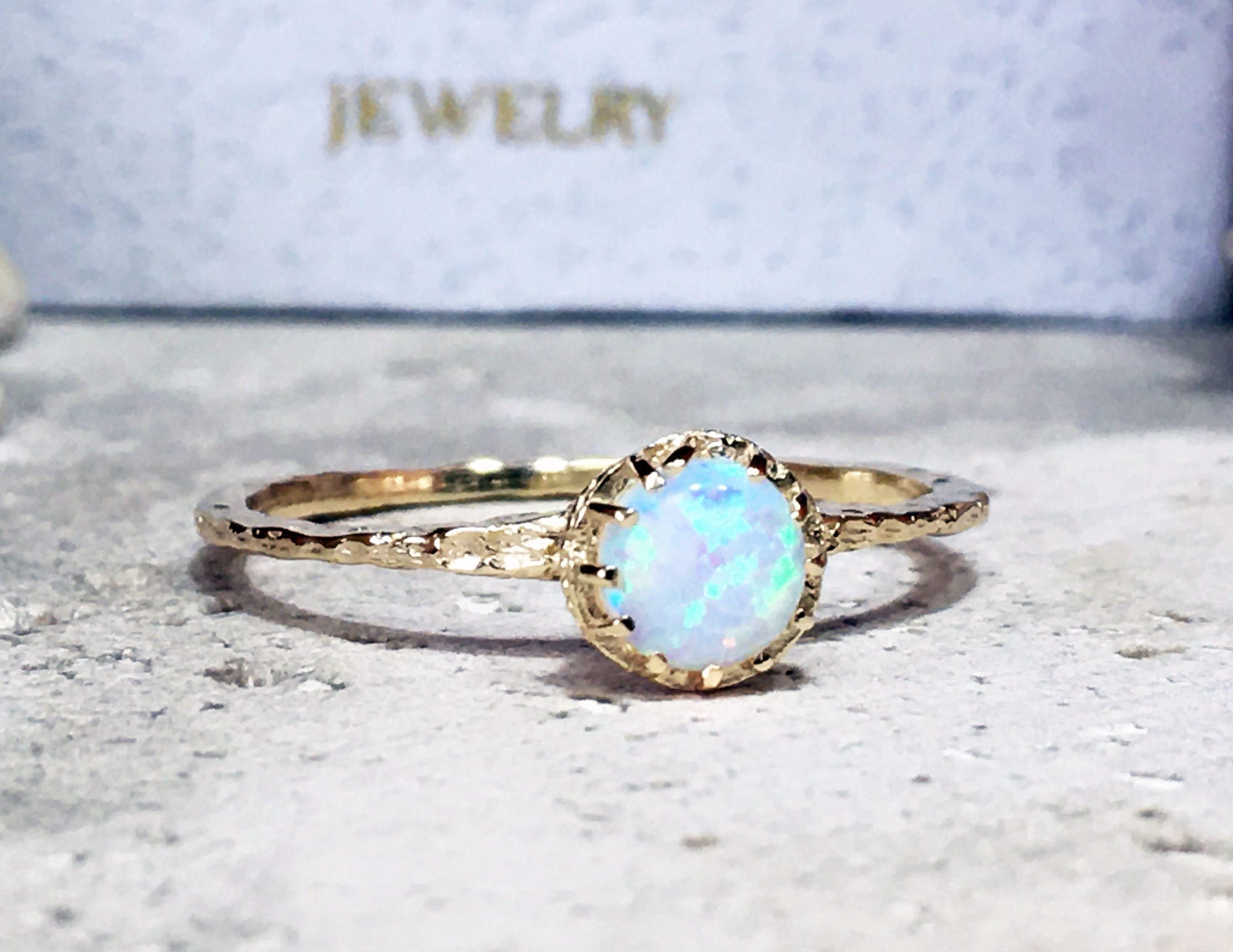 Round White Opal Simple Hammered Band Ring - H.L.Jewelry