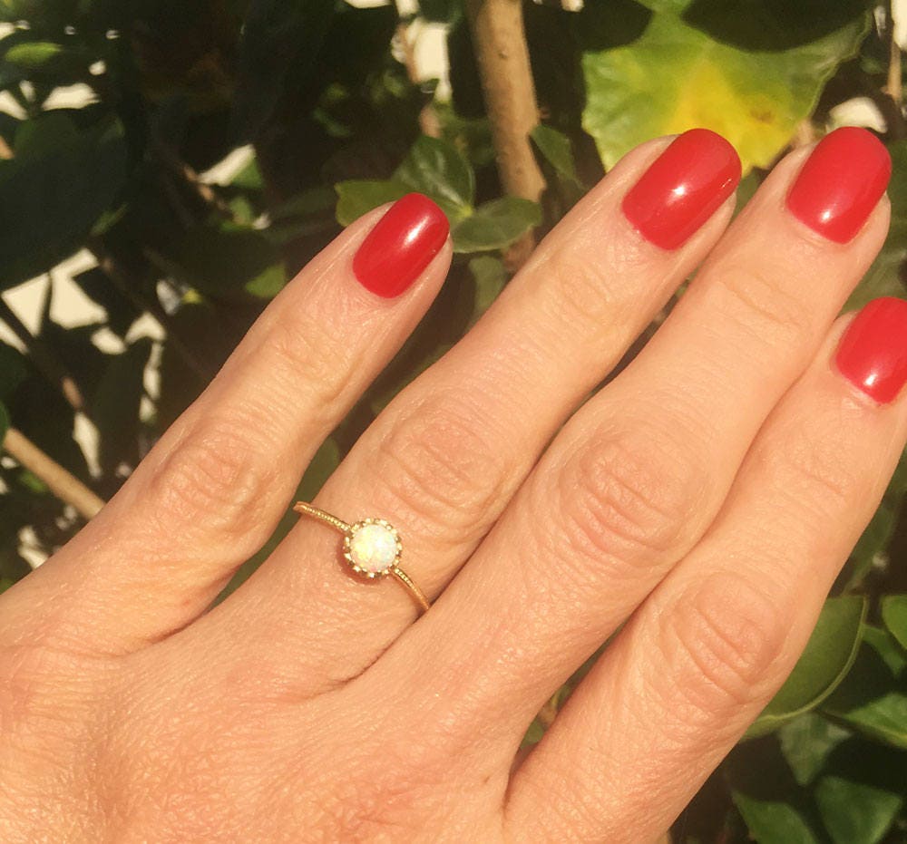 Round White Opal Simple Hammered Band Ring - H.L.Jewelry