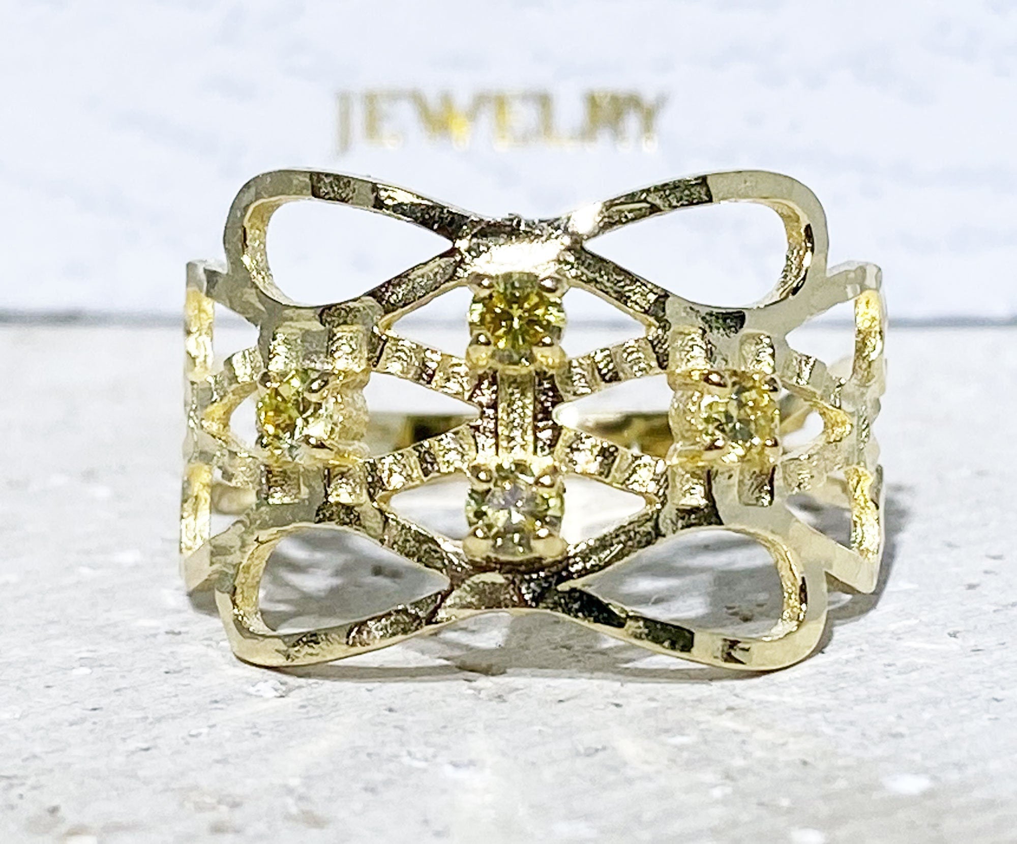 Round Yellow Citrine Four Stone Hammered Band Ring - H.L.Jewelry