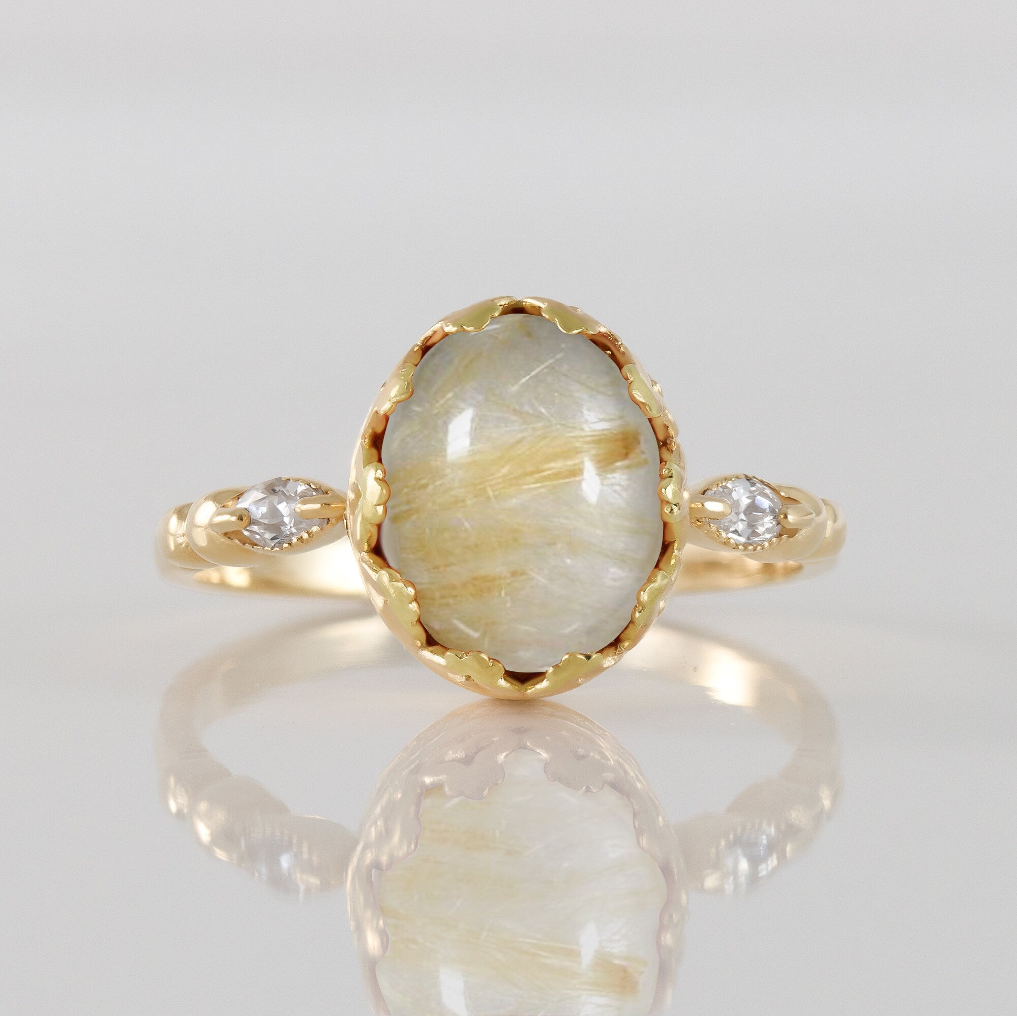 Rutilated Quartz Vintage Oval Crown Ring with Clear Quartz Accents - H.L.Jewelry