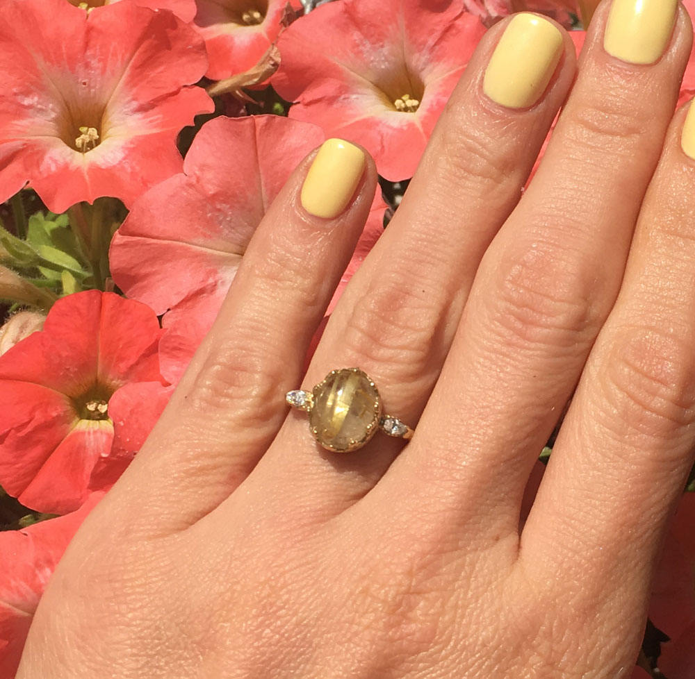 Rutilated Quartz Vintage Oval Crown Ring with Clear Quartz Accents - H.L.Jewelry