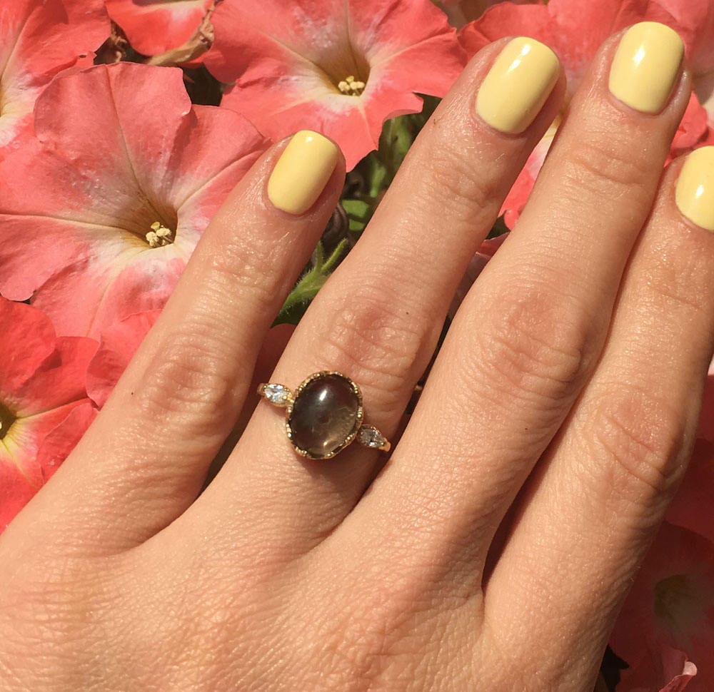Smoky Quartz Vintage Oval Crown Ring with Clear Quartz Accents - H.L.Jewelry
