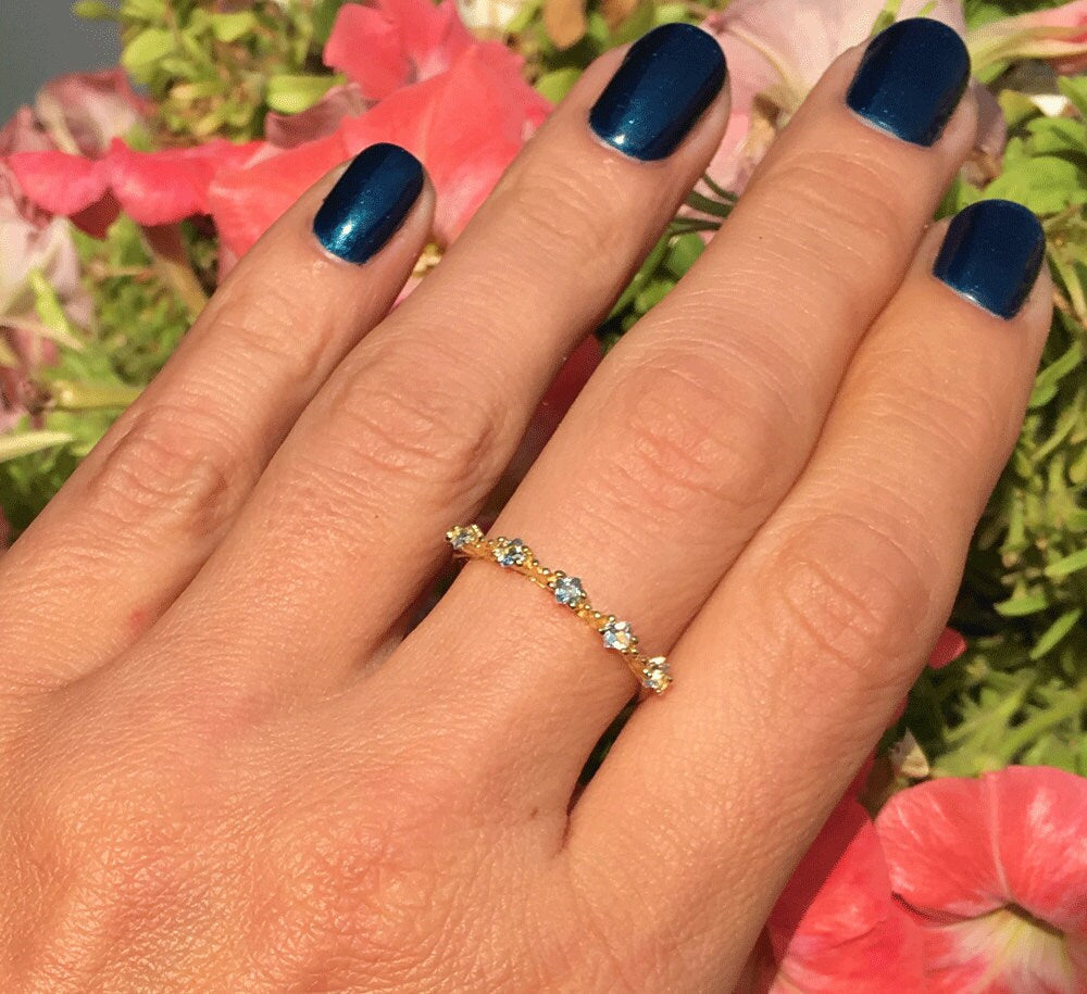 Square Aquamarine Five Stone Simple Stacking Ring - H.L.Jewelry