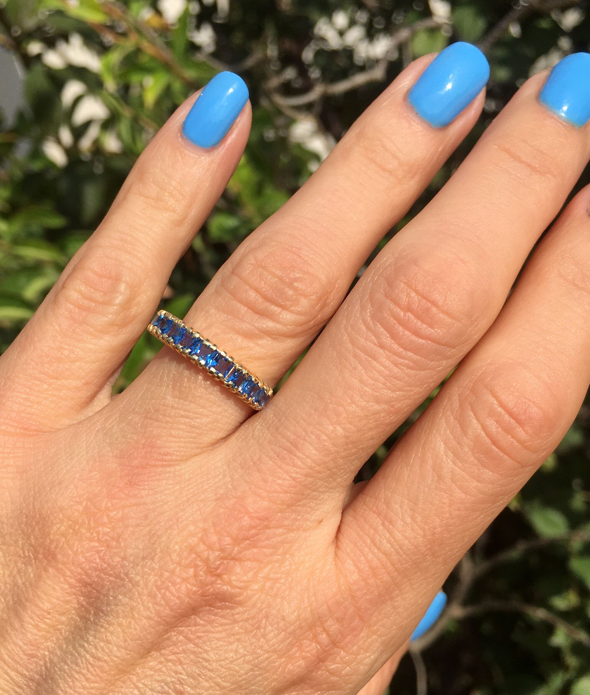 Square Blue Topaz Nine Stone Stacking Half Eternity Ring - H.L.Jewelry