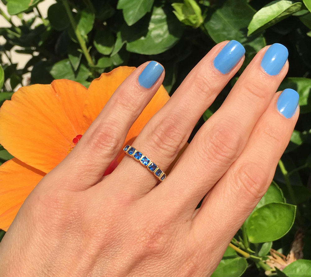 Square Blue Topaz Seven Stone Stacking Half Eternity Ring - H.L.Jewelry