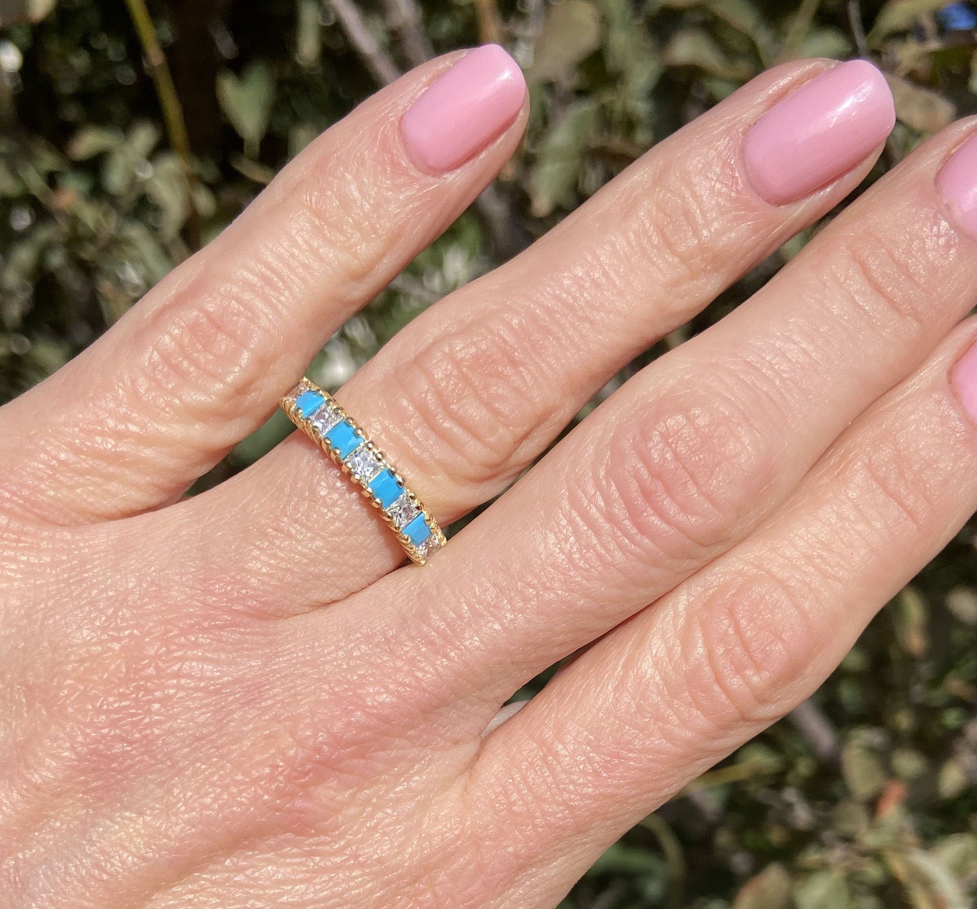 Square Blue Turquoise & Clear Quartz Nine Stone Stacking Half Eternity Ring - H.L.Jewelry