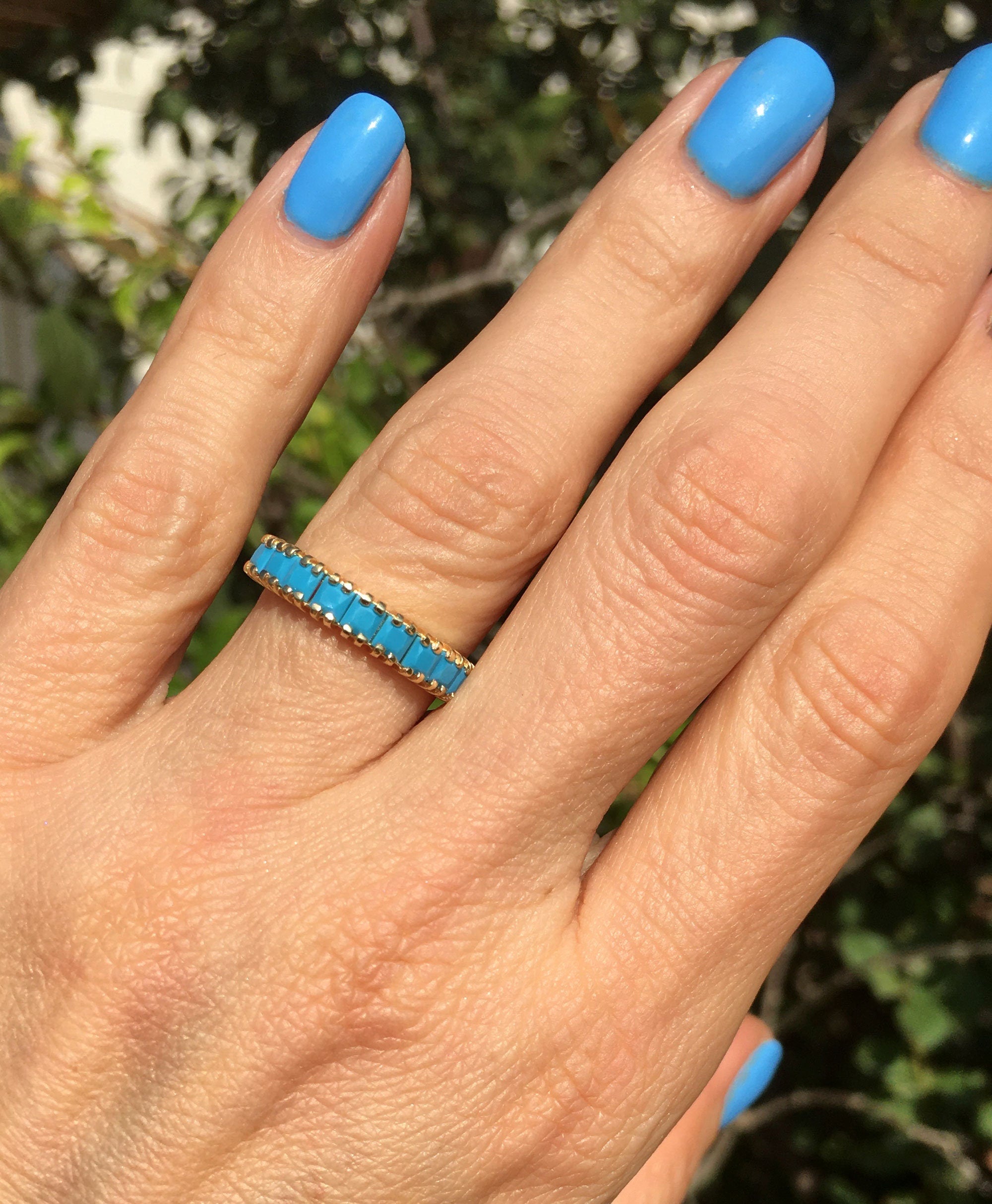 Square Blue Turquoise Nine Stone Stacking Half Eternity Ring - H.L.Jewelry