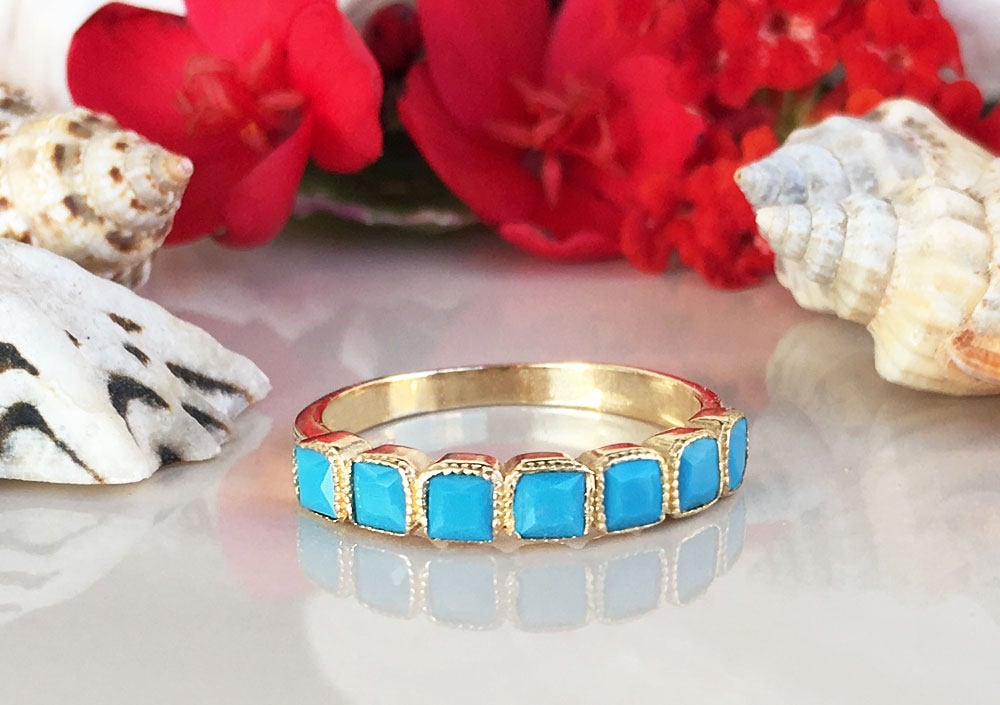 Square Blue Turquoise Seven Stone Stacking Half Eternity Bezel Ring - H.L.Jewelry
