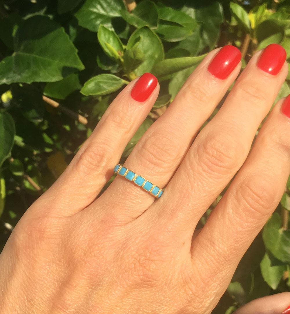 Square Blue Turquoise Seven Stone Stacking Half Eternity Bezel Ring - H.L.Jewelry
