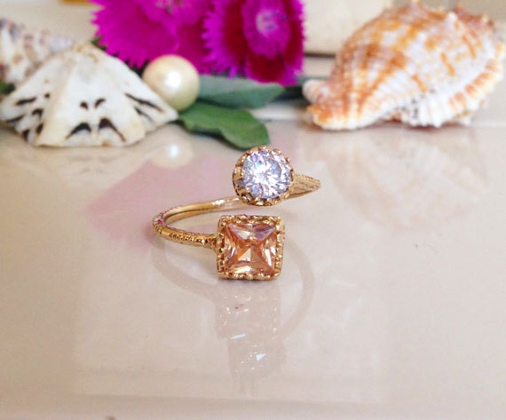 Square Citrine & Round Clear Quartz Hammered Band Adjustable Ring - H.L.Jewelry