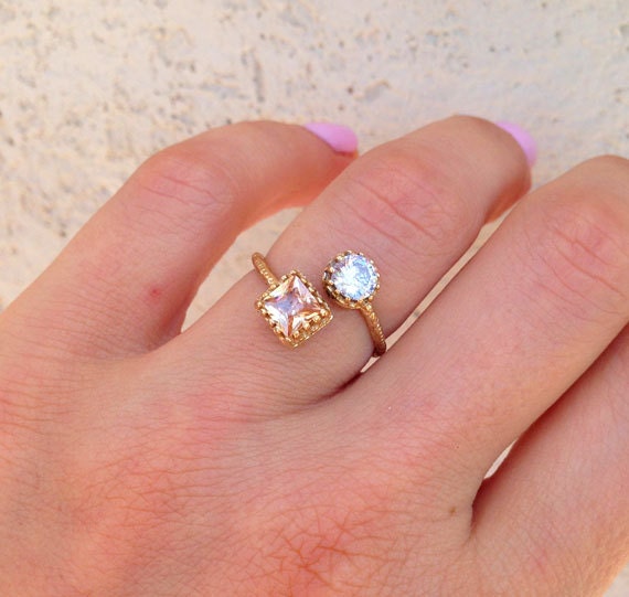 Square Citrine & Round Clear Quartz Hammered Band Adjustable Ring - H.L.Jewelry