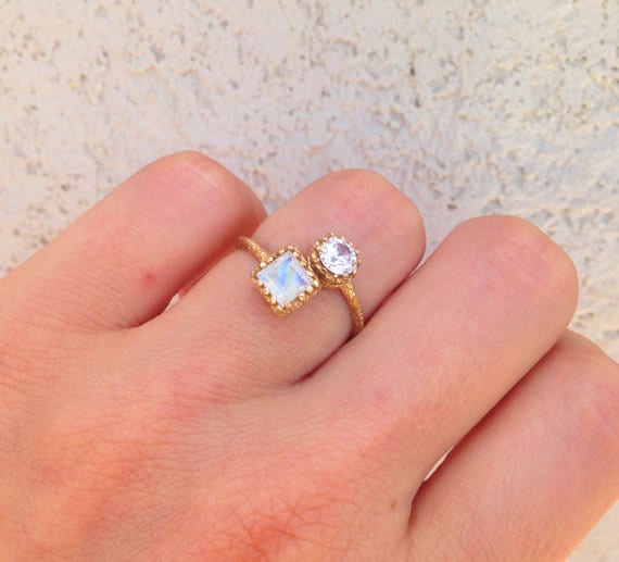 Square Moonstone & Round Clear Quartz Hammered Band Adjustable Ring - H.L.Jewelry