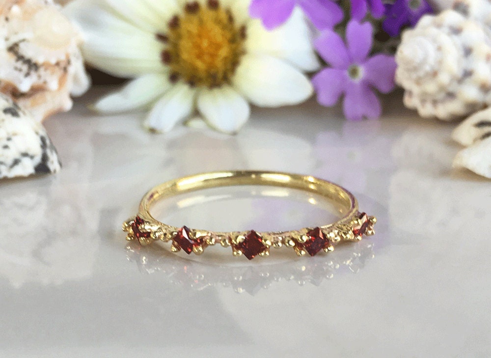 Square Red Garnet Five-Stone Simple Stacking Ring - H.L.Jewelry