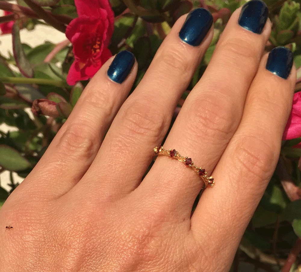 Square Red Garnet Five-Stone Simple Stacking Ring - H.L.Jewelry