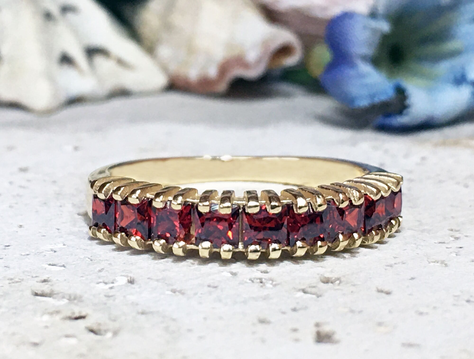 Square Red Garnet Nine Stone Half Eternity Stacking Ring - H.L.Jewelry