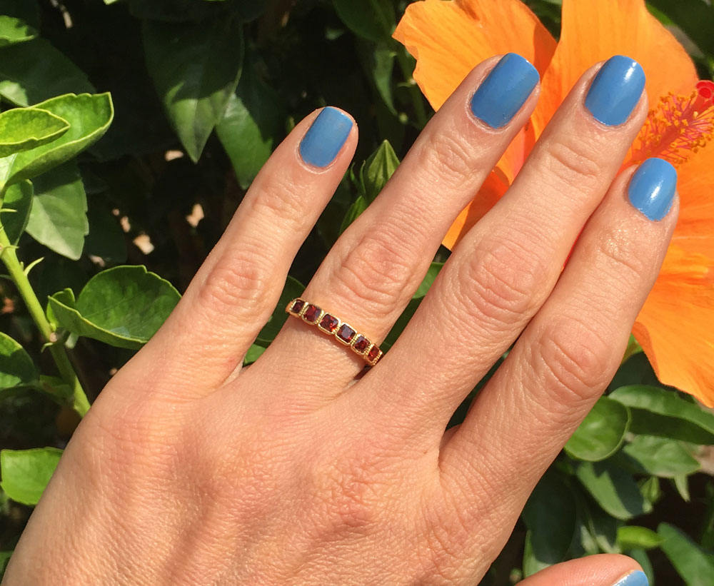 Square Red Garnet Seven Stone Stacking Half Eternity Bezel Ring - H.L.Jewelry