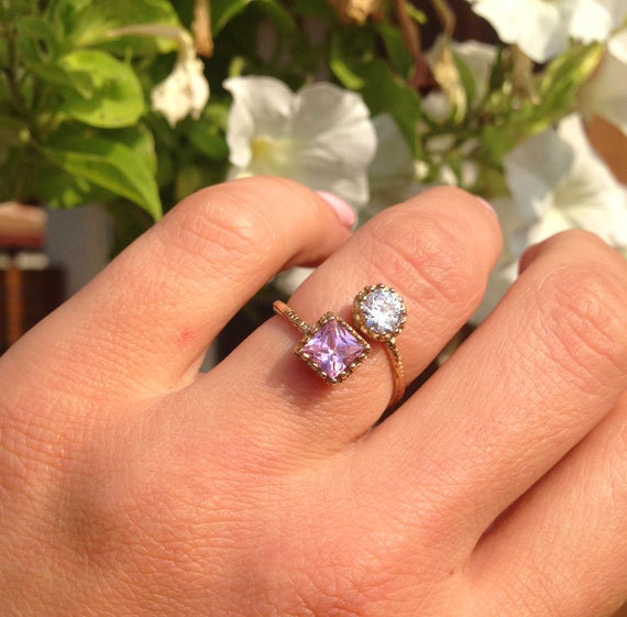 Square Rose Quartz & Round Clear Quartz Hammered Band Adjustable Ring - H.L.Jewelry