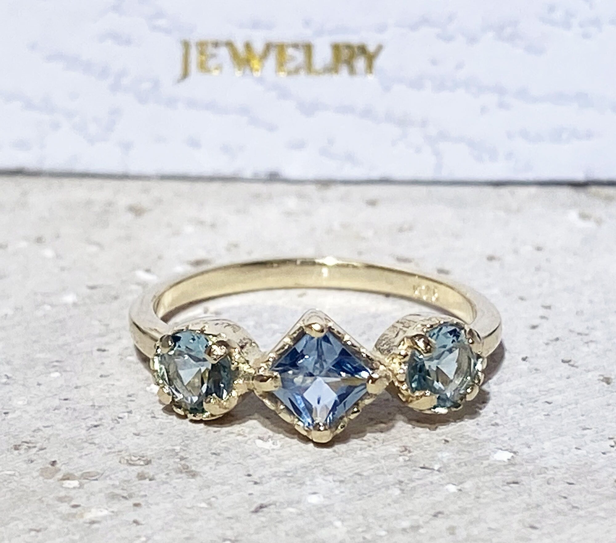 Square & Round Aquamarine Three Stone Modern Ring - H.L.Jewelry