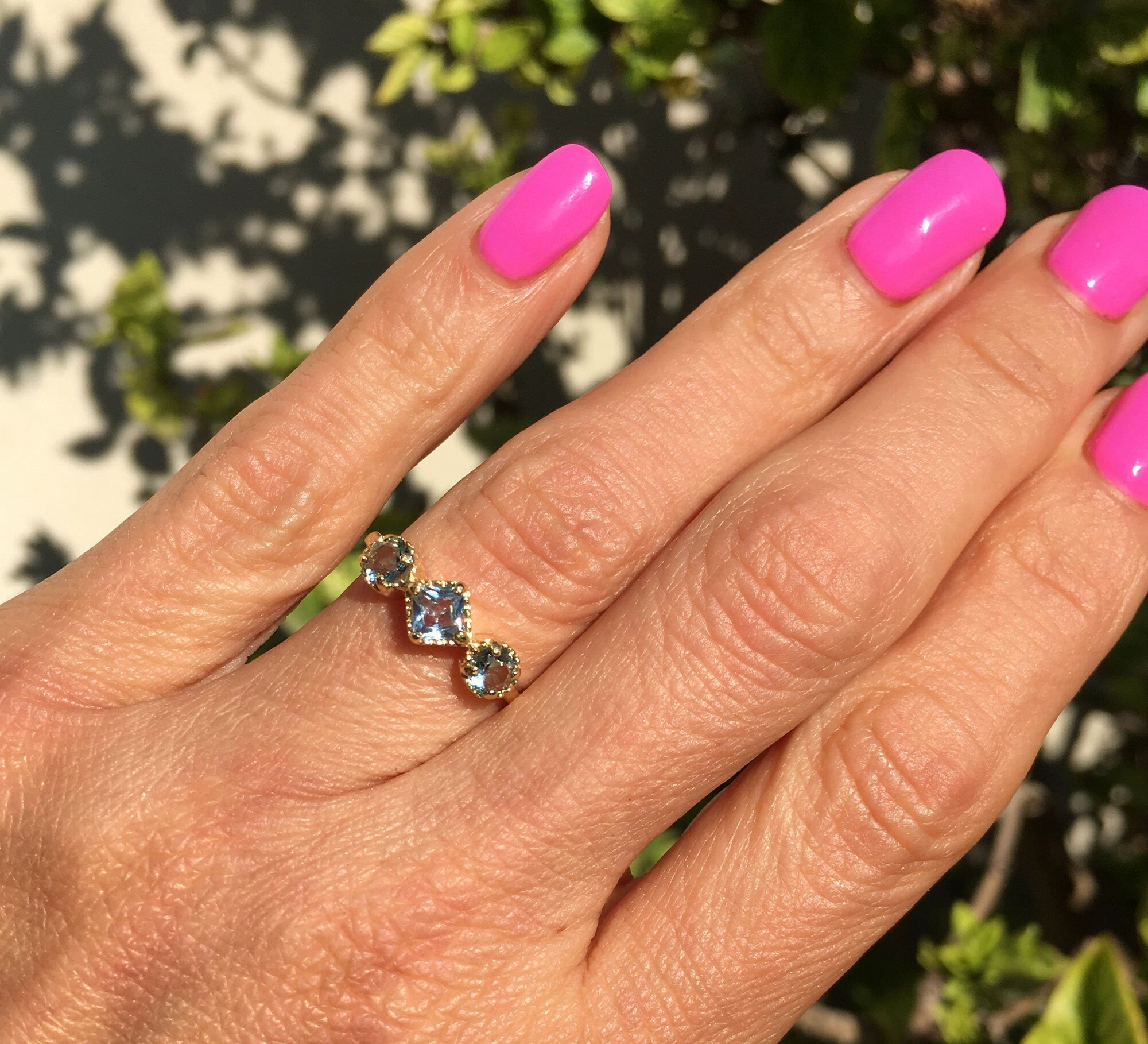 Square & Round Aquamarine Three Stone Modern Ring - H.L.Jewelry