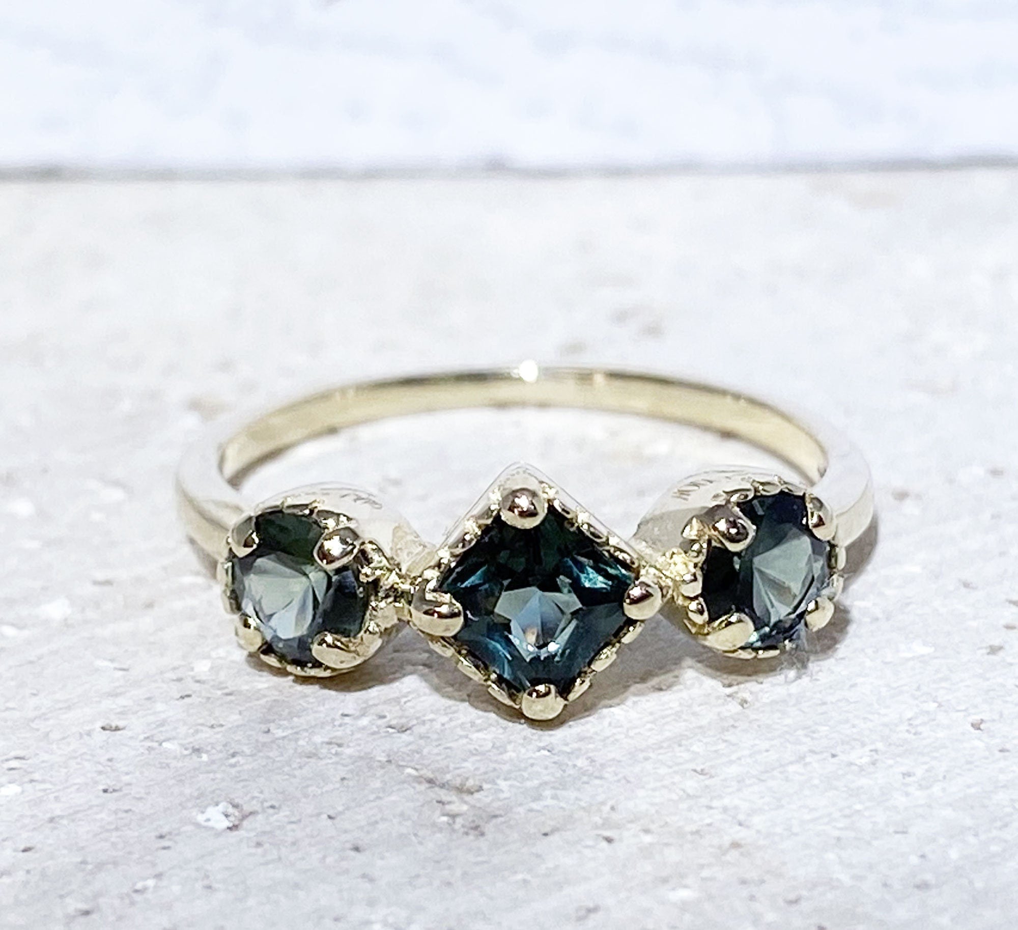 Square & Round Green Tourmaline Three Stone Modern Ring - H.L.Jewelry