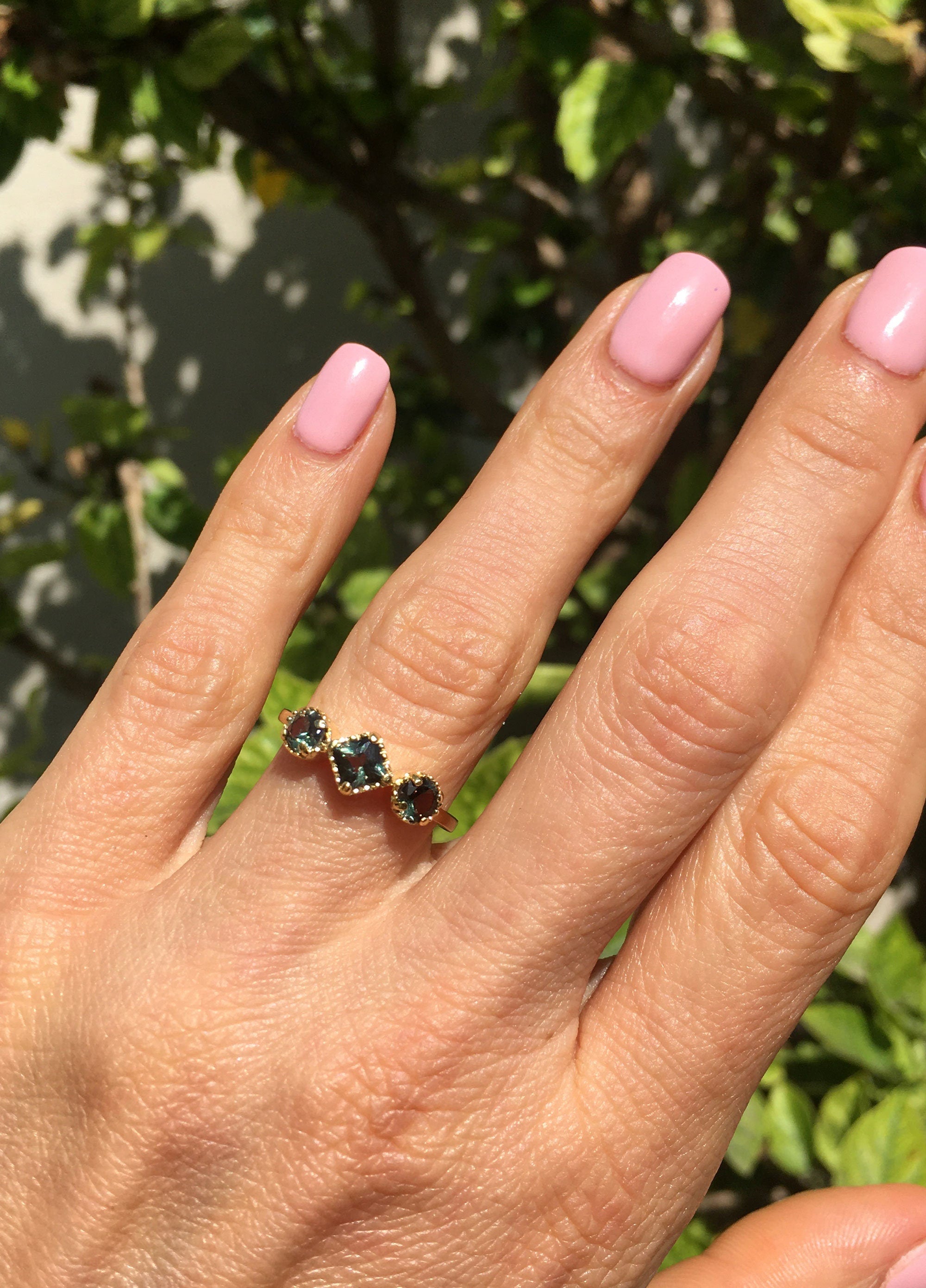 Square & Round Green Tourmaline Three Stone Modern Ring - H.L.Jewelry