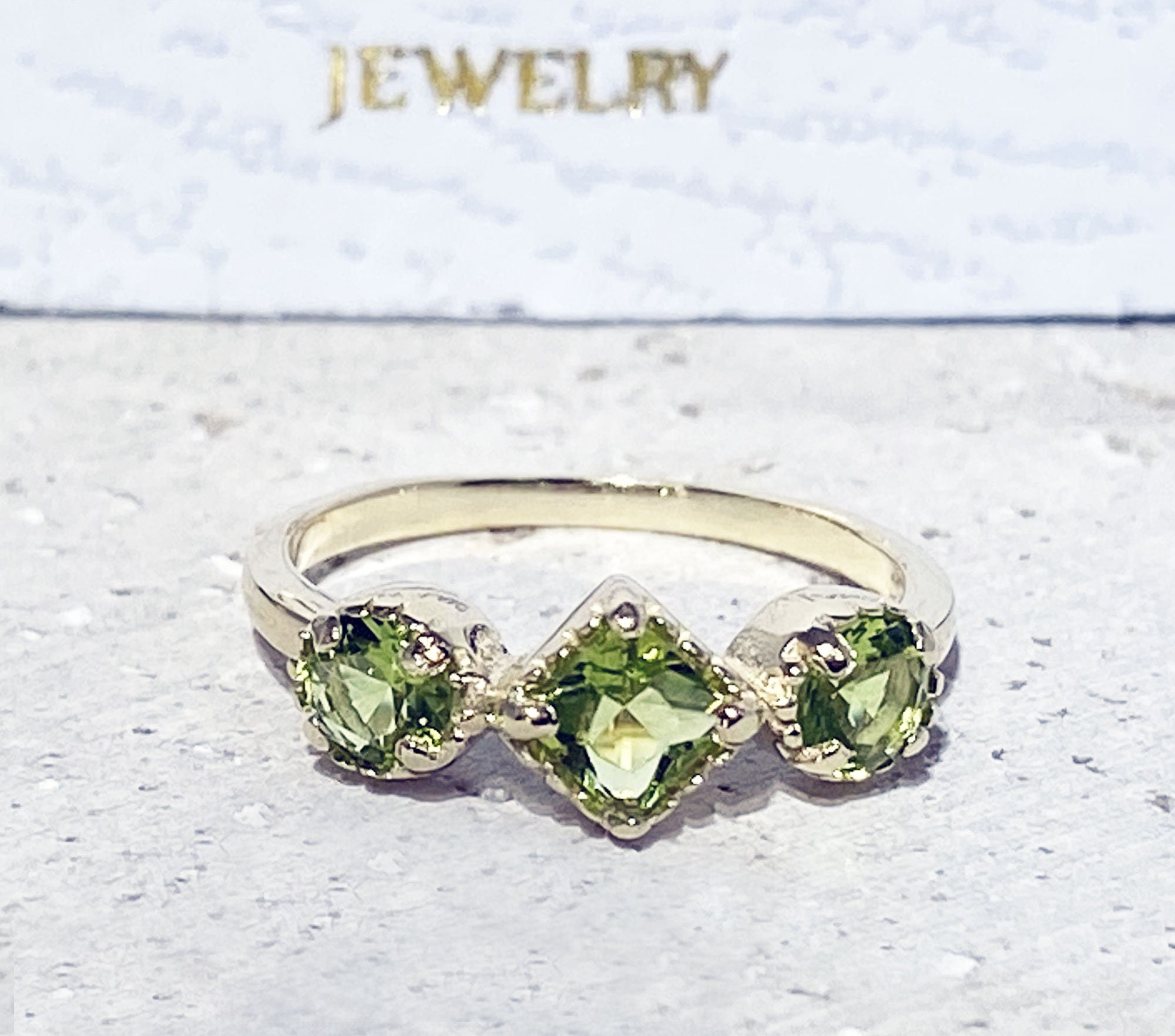 Square & Round Peridot Three Stone Modern Ring - H.L.Jewelry