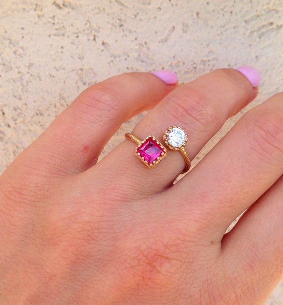 Square Ruby & Round Clear Quartz Hammered Band Adjustable Ring - H.L.Jewelry