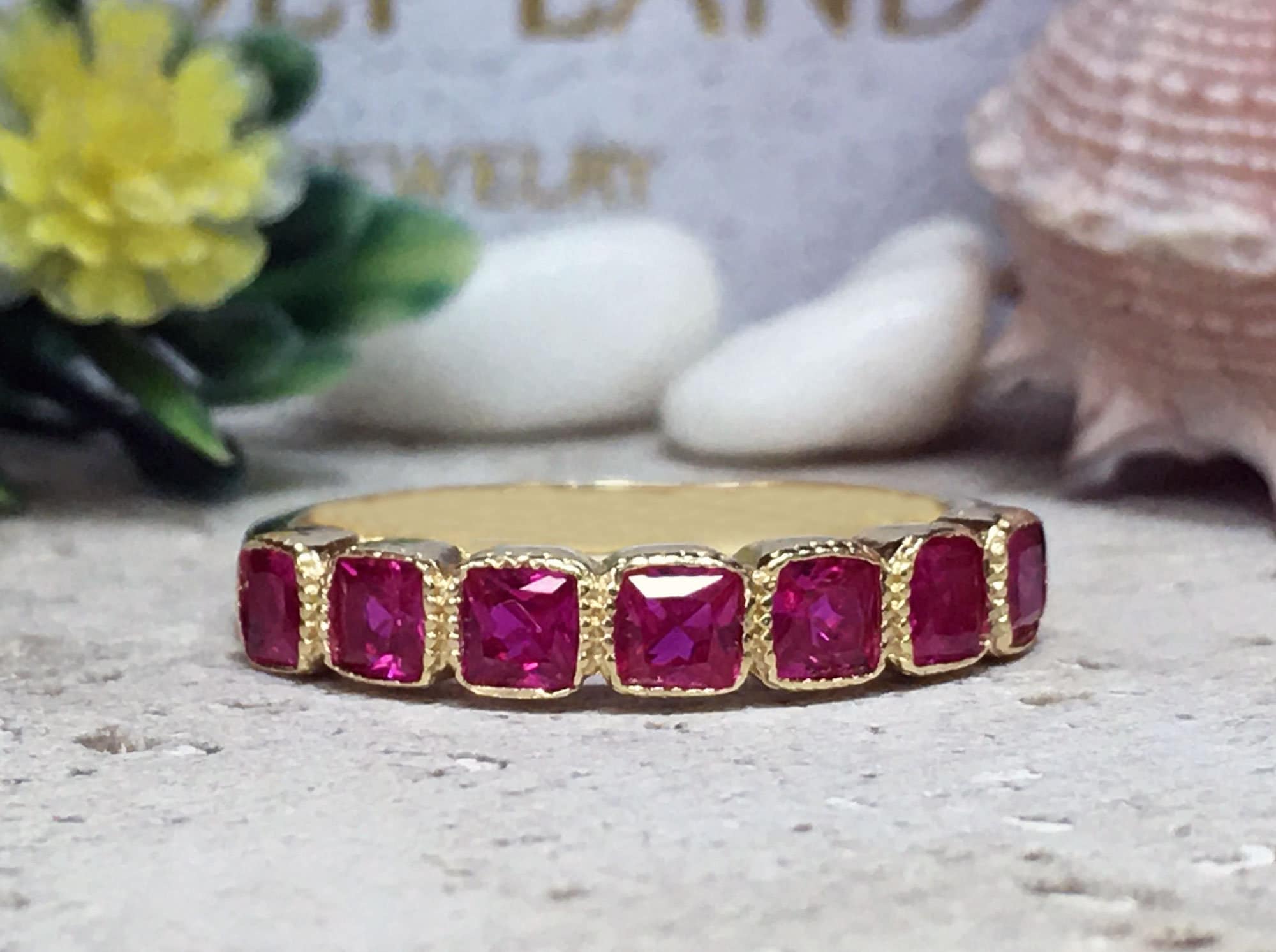 Square Ruby Seven-Stone Stacking Half Eternity Bezel Ring - H.L.Jewelry
