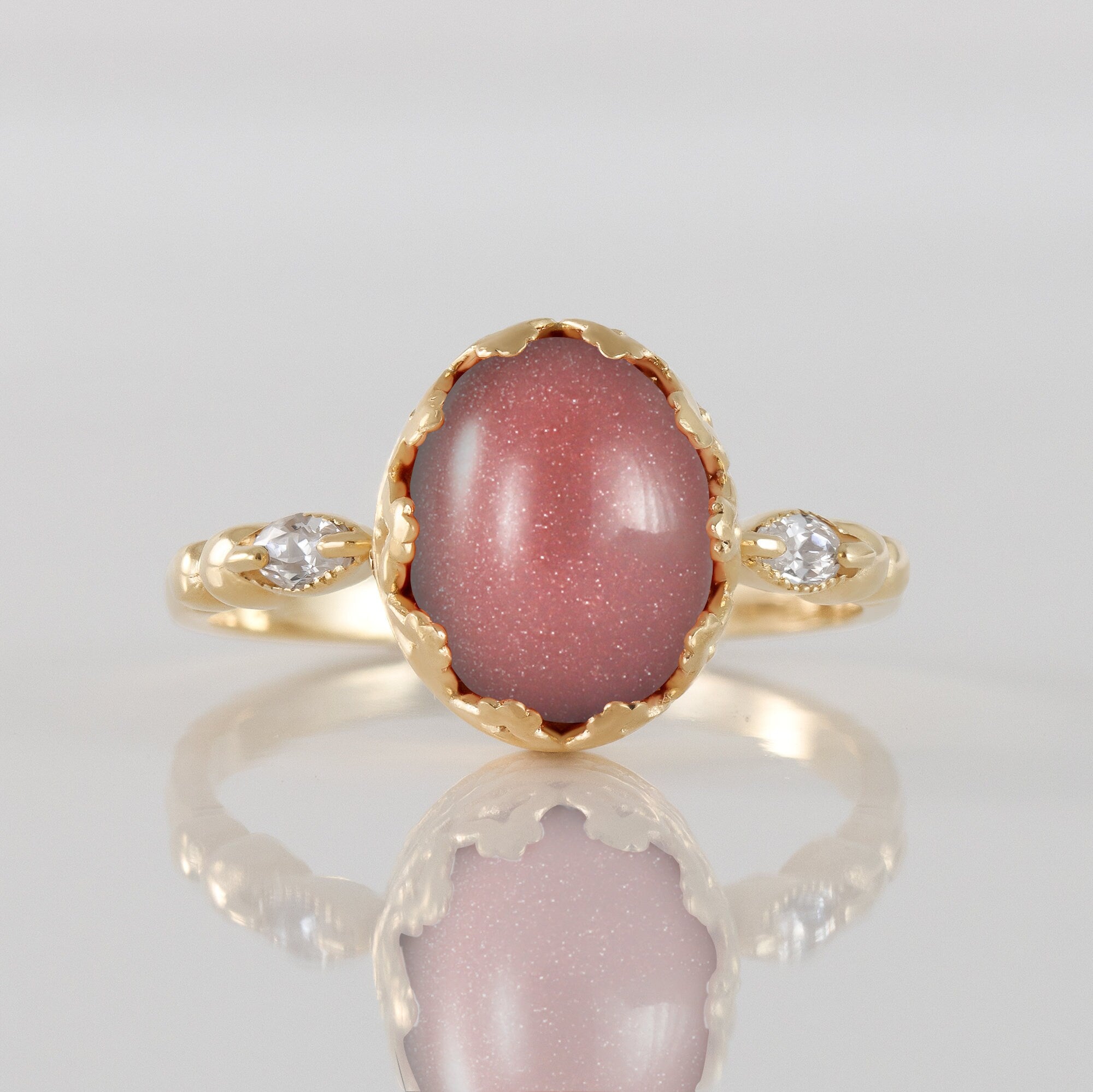 Sunstone Vintage Oval Crown Ring with Clear Quartz Accents - H.L.Jewelry