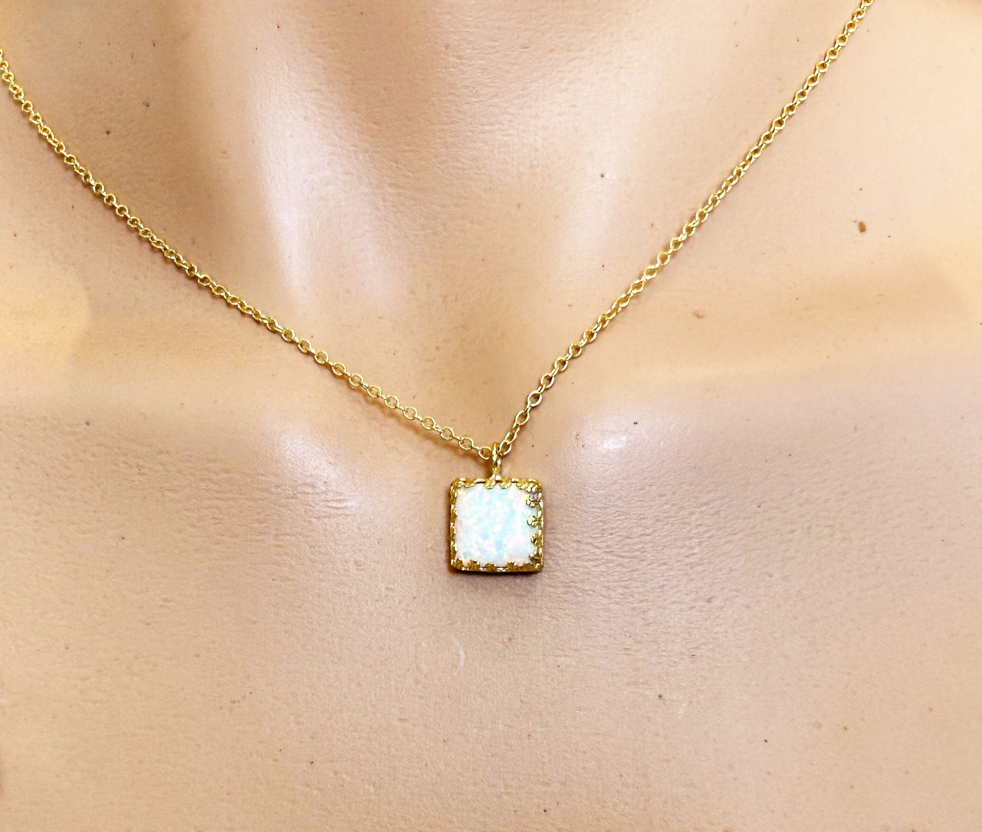 White Opal Square Crown Delicate Chain Necklace - H.L.Jewelry