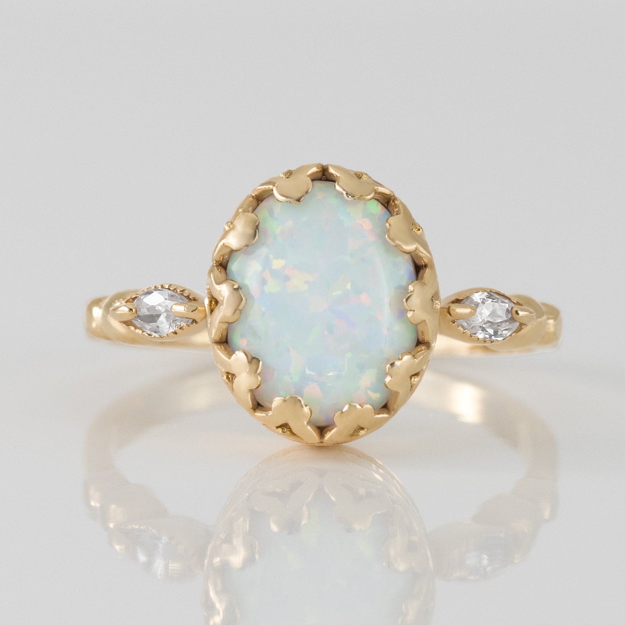 White Opal Vintage Oval Crown Ring with Clear Quartz Accents - H.L.Jewelry