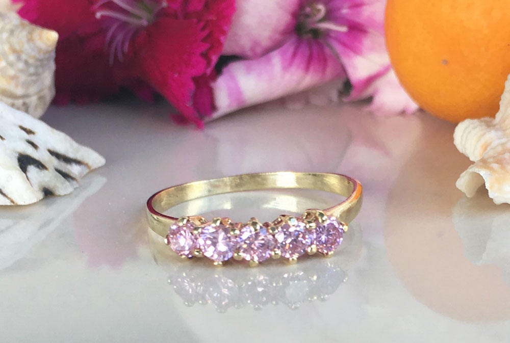 October Birthstone Round Rose Quartz Five-Stone Stackable Ring - H.L.Jewelry