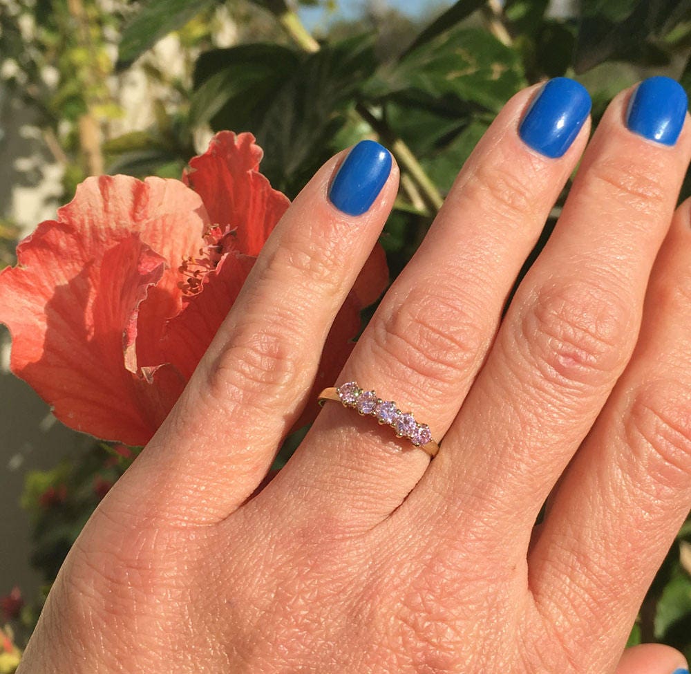 October Birthstone Round Rose Quartz Five-Stone Stackable Ring - H.L.Jewelry