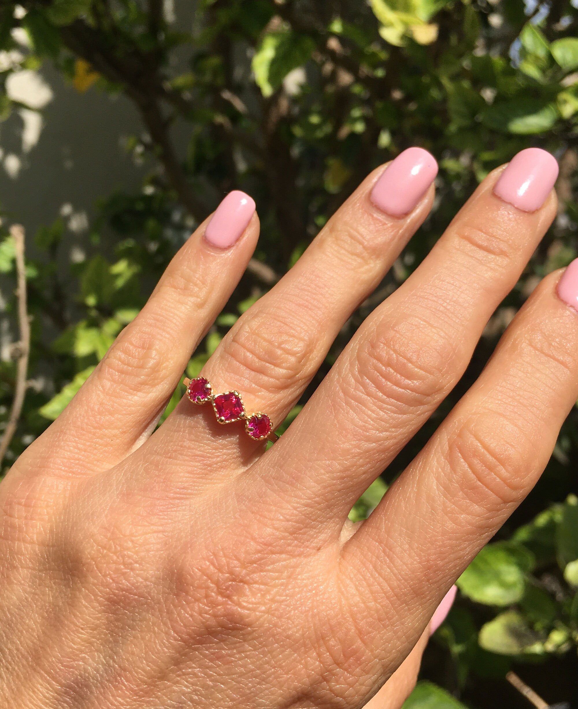 Square and Round Ruby Three-Stone Ring - H.L.Jewelry