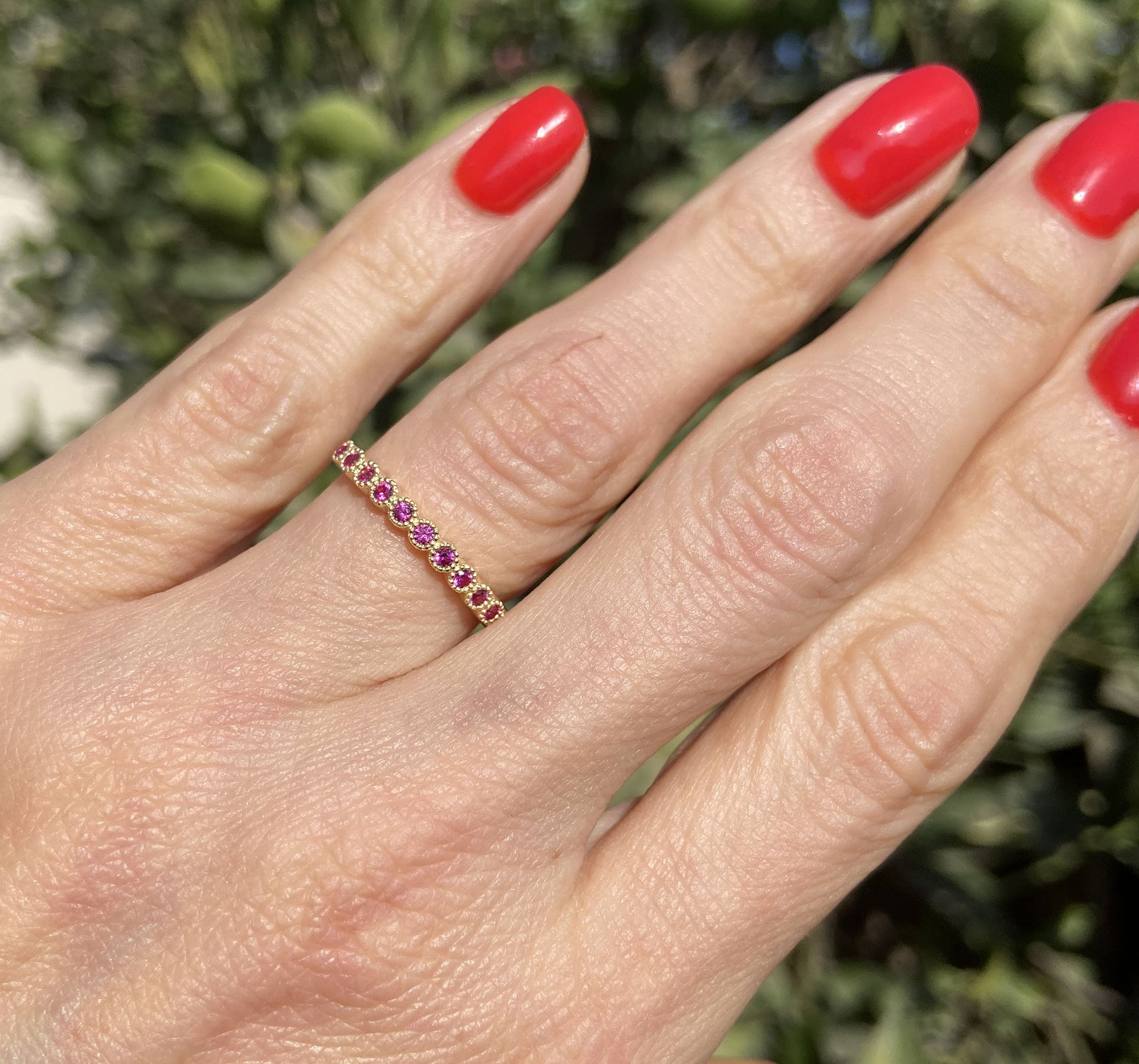 Round Ruby Eleven-Stone Stacking Half Eternity Bezel Ring - H.L.Jewelry