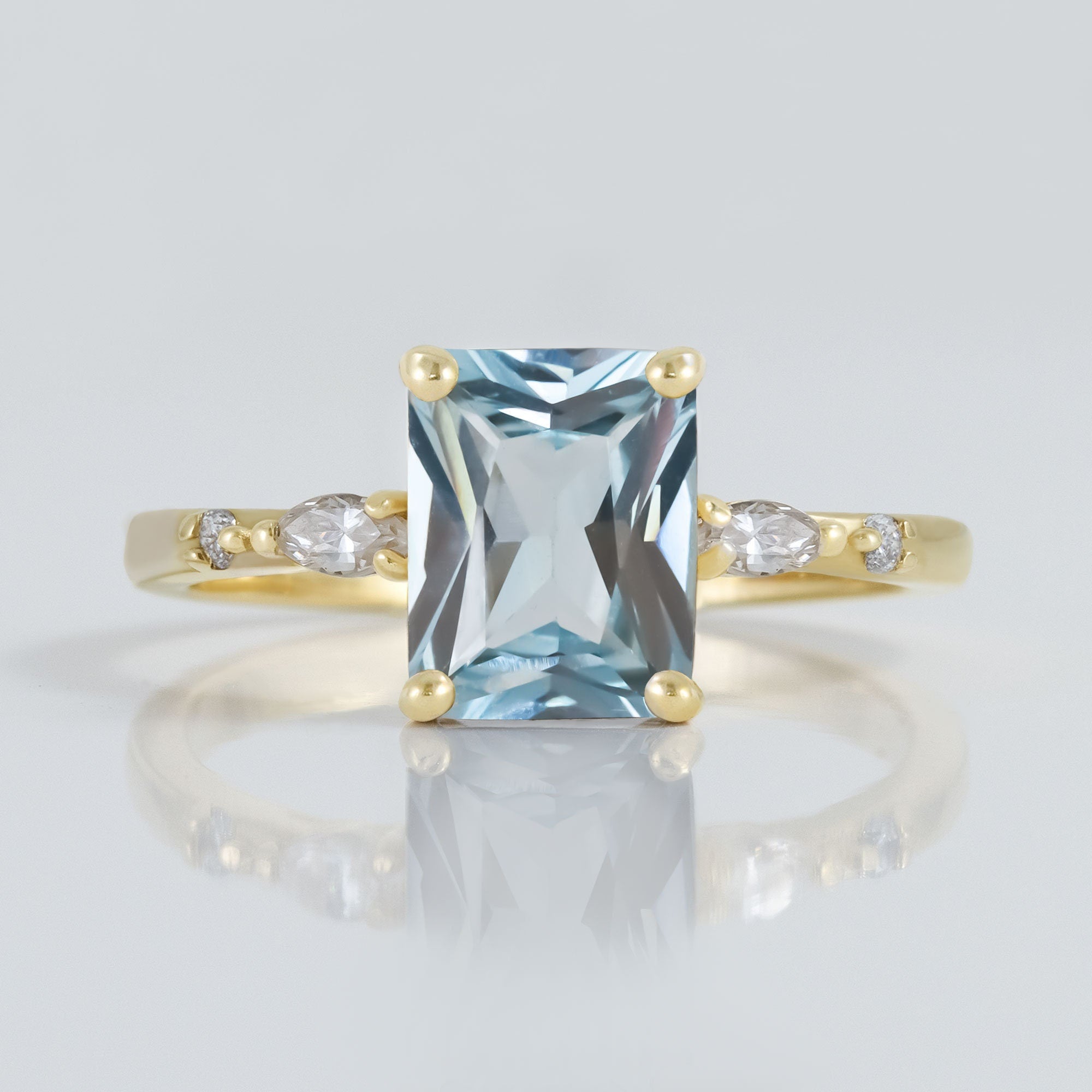 Octagon Aquamarine Ring with Marquise & Round Clear Quartz Accents - H.L.Jewelry
