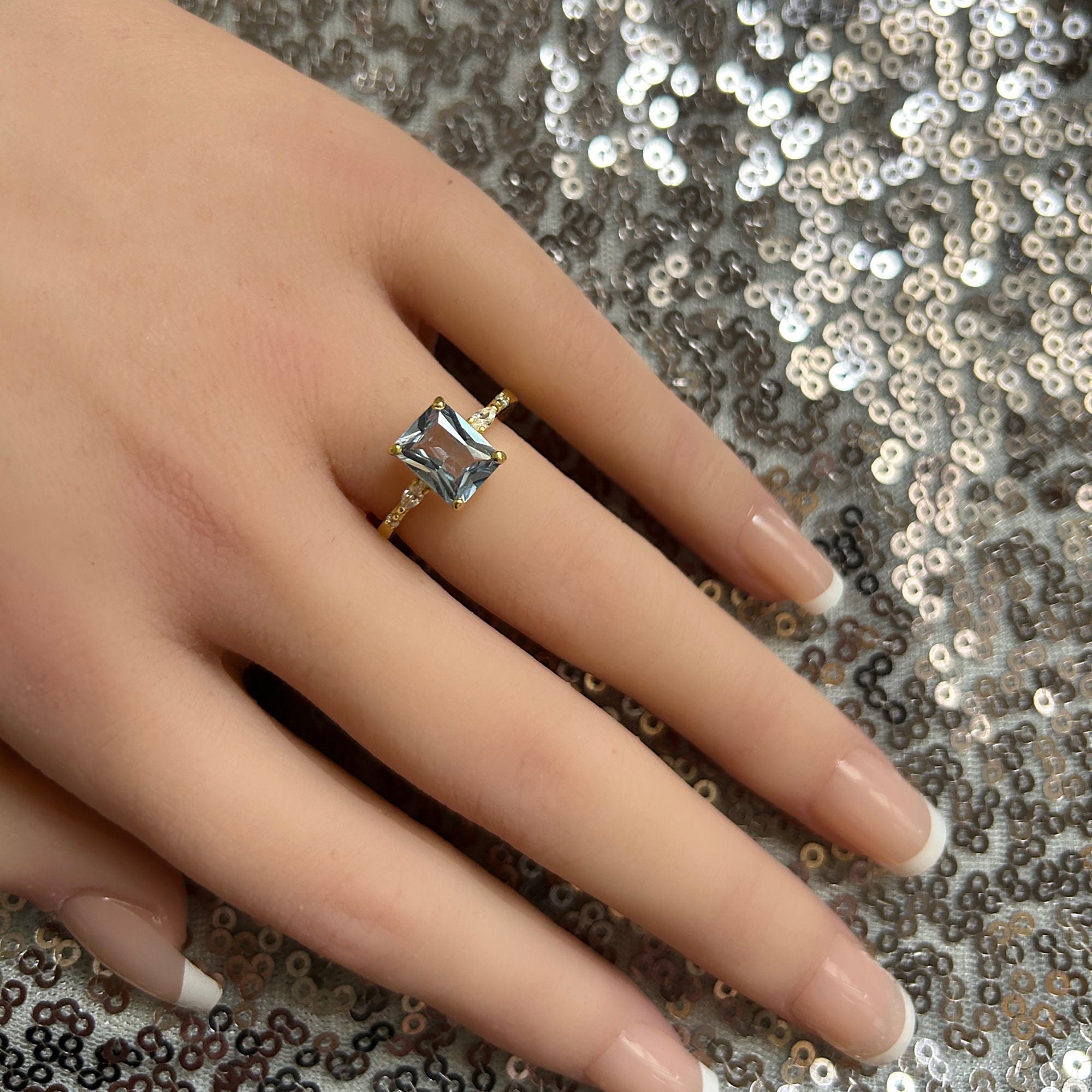 Octagon Aquamarine Ring with Marquise & Round Clear Quartz Accents - H.L.Jewelry