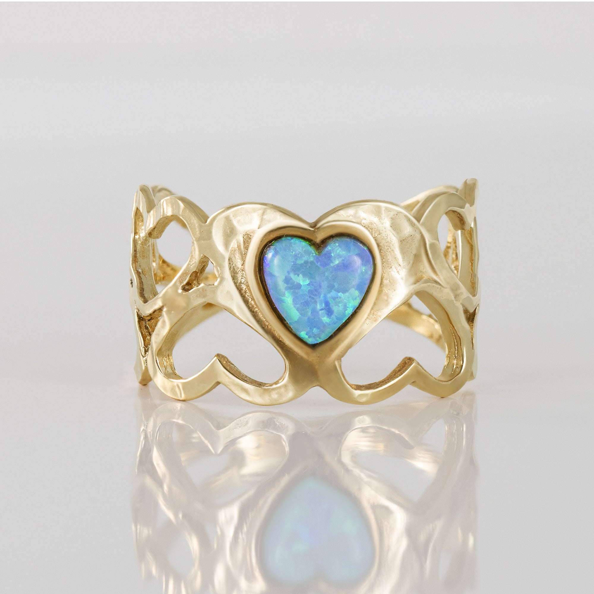 Blue Opal Ring - October Birthstone - Heart Blue Opal Gemstone Wide Ring with Heart Accents - H.L.Jewelry