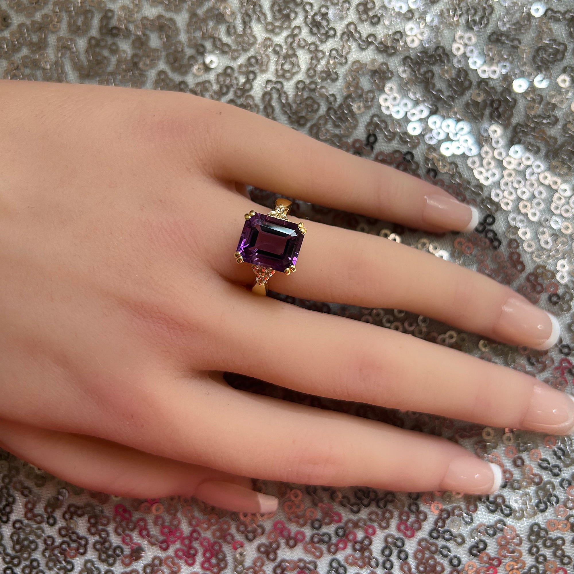 Purple Amethyst Ring - February Birthstone - Statement Engagement Ring with Octagon Purple Amethyst Gemstone and Clear Quartz Accents - H.L.Jewelry