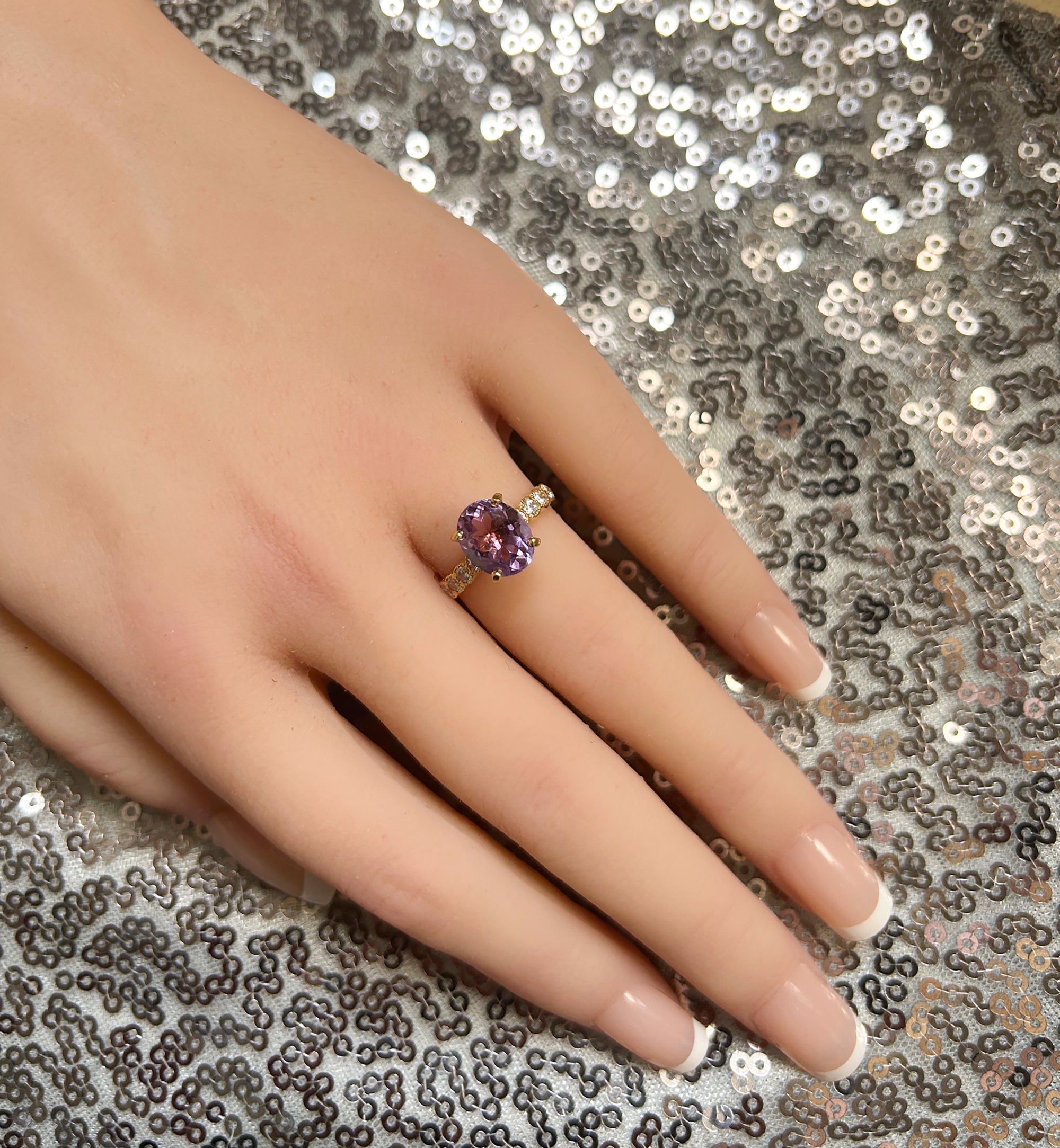 Purple Amethyst Ring - February Birthstone - Oval Purple Amethyst Gemstone Statement Engagement Ring with Clear Quartz Accents - H.L.Jewelry