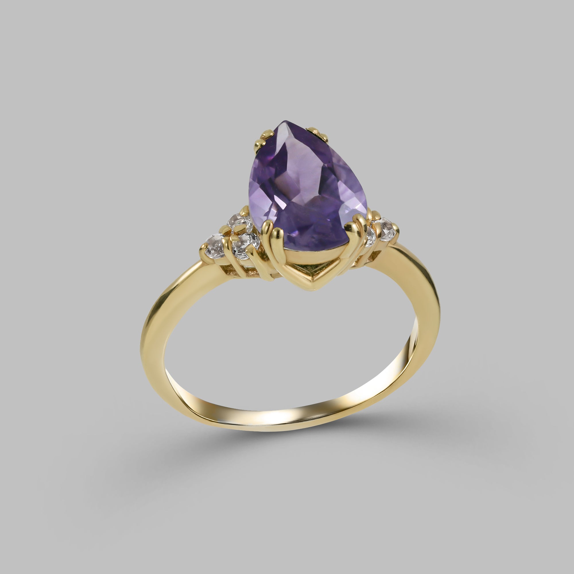 Purple Amethyst Ring - February Birthstone - Pear-Shaped Purple Amethyst Gemstone Statement Engagement Ring with Clear Quartz Accents - H.L.Jewelry