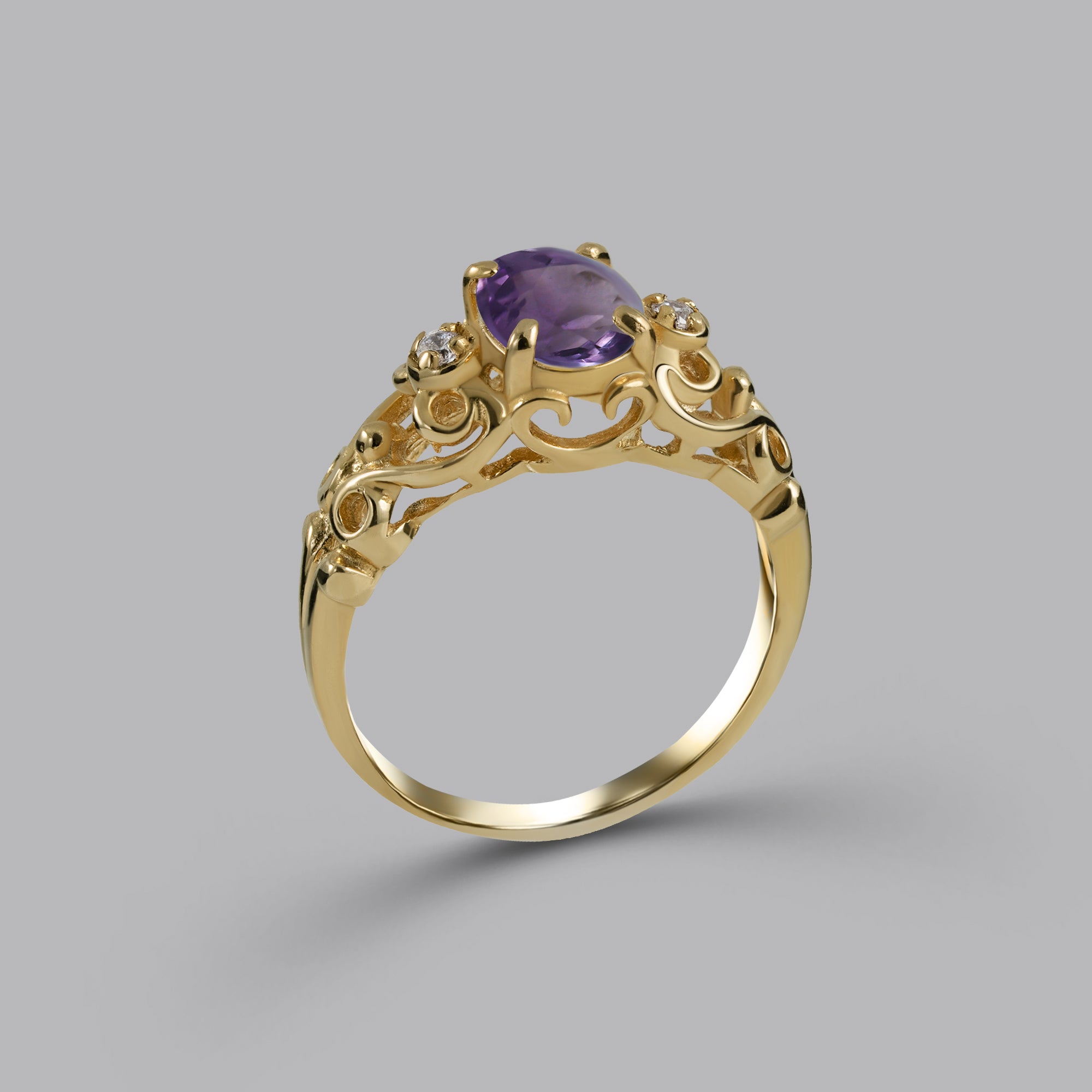 Amethyst Ring - February Birthstone - Oval Purple Amethyst Gemstone Lace Ring with Clear Quartz Accents - H.L.Jewelry