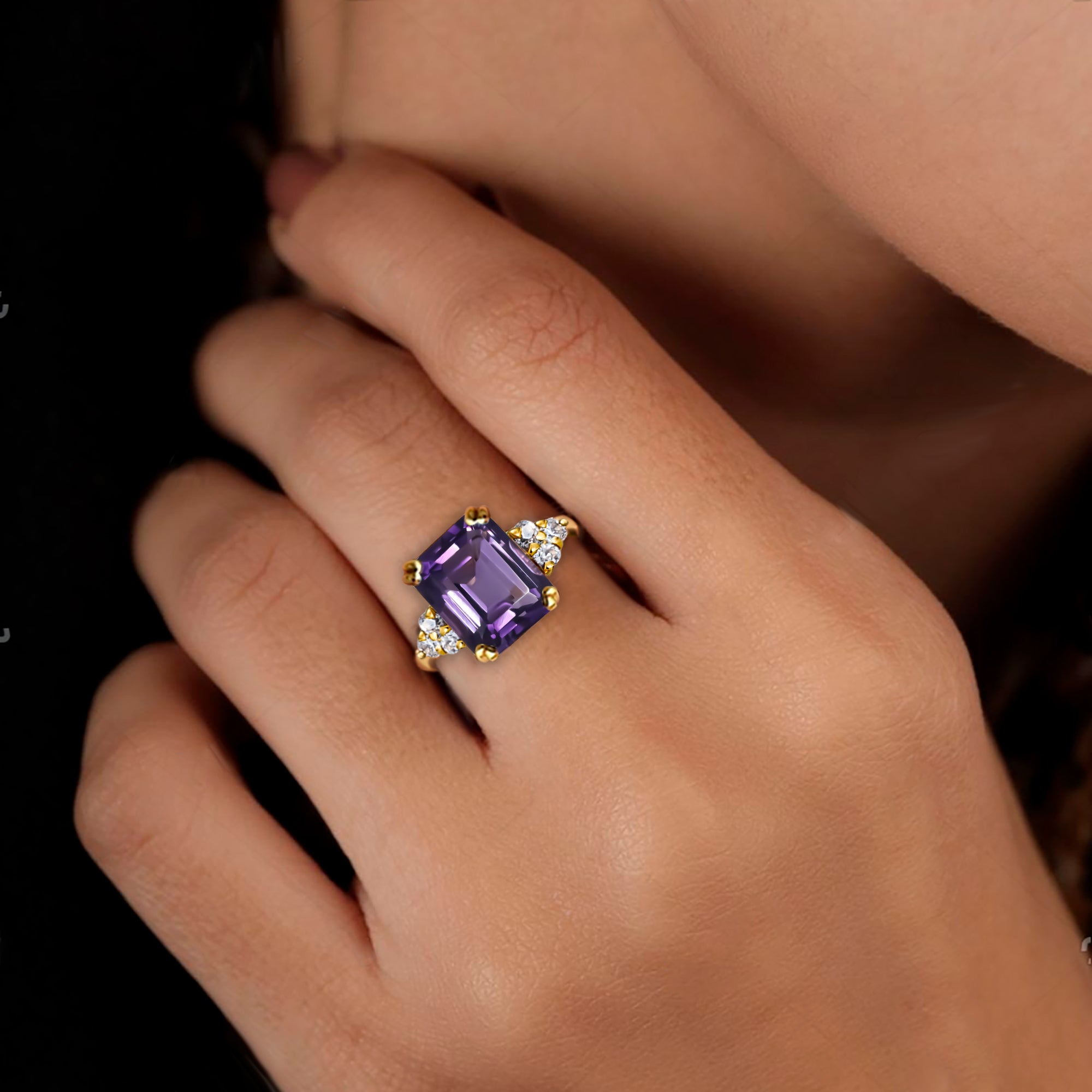 Purple Amethyst Ring - February Birthstone - Emerald-Cut Purple Amethyst Gemstone Statement Engagement Ring with Clear Quartz Accents - H.L.Jewelry