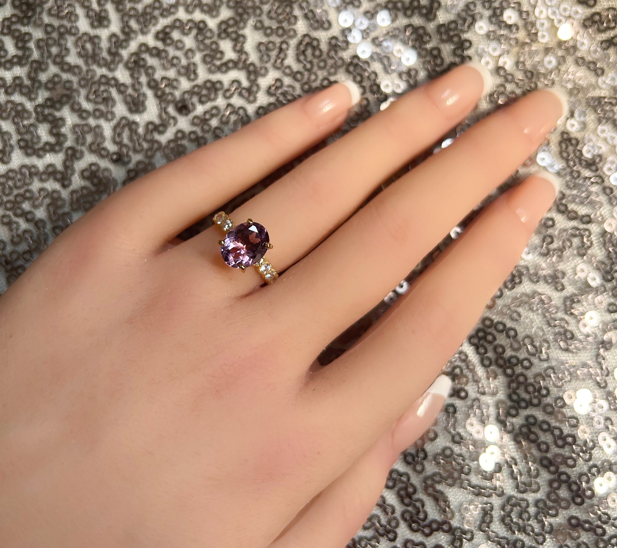 Purple Amethyst Ring - February Birthstone - Oval Purple Amethyst Gemstone Statement Engagement Ring with Clear Quartz Accents - H.L.Jewelry