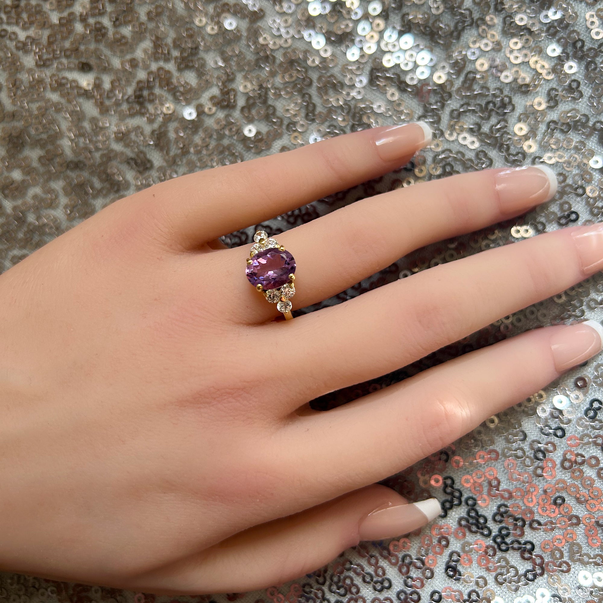 Purple Amethyst Ring - February Birthstone - Oval Purple Amethyst Gemstone Statement Engagement Ring with Clear Quartz Accents - H.L.Jewelry