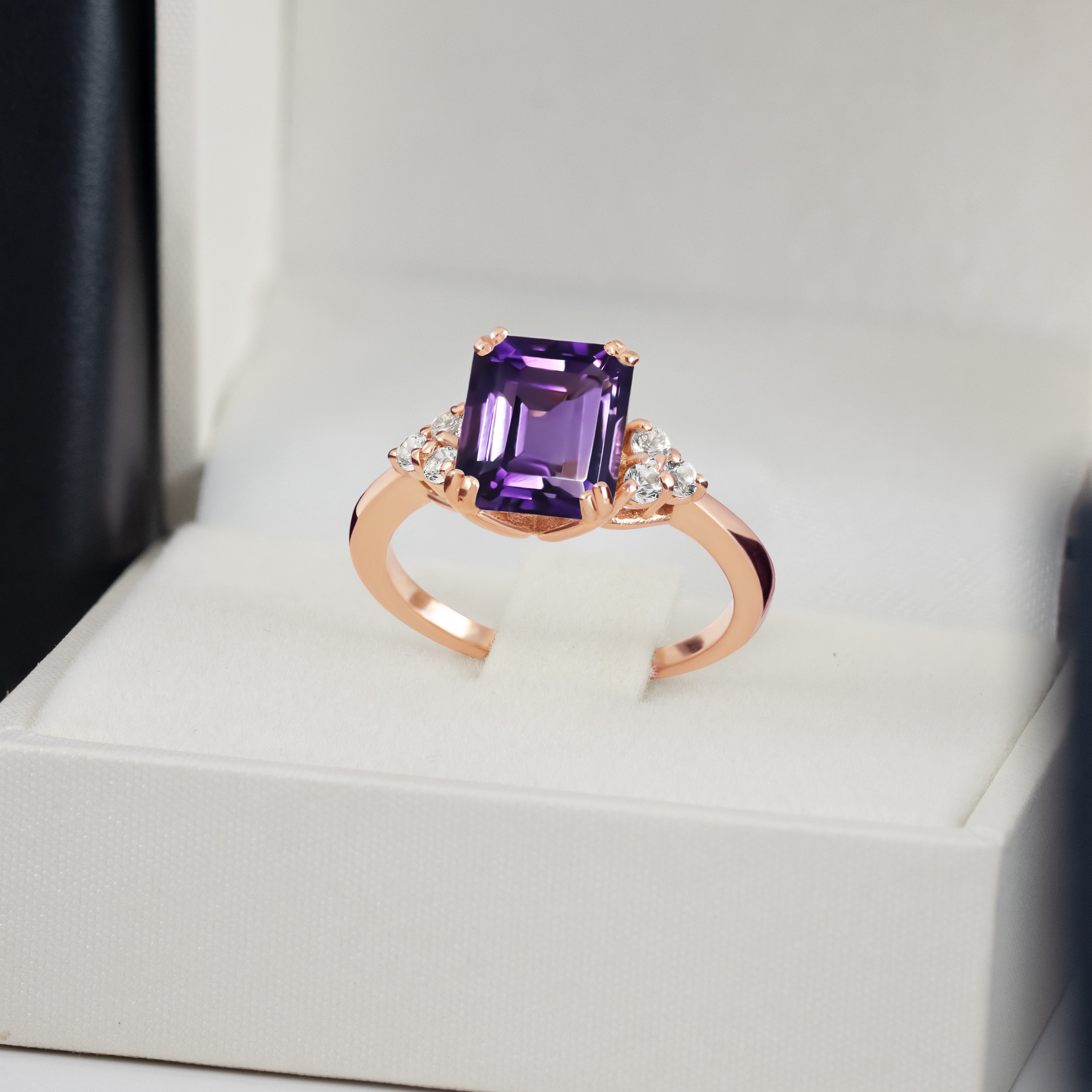 Purple Amethyst Ring - February Birthstone - Emerald-Cut Purple Amethyst Gemstone Statement Engagement Ring with Clear Quartz Accents - H.L.Jewelry